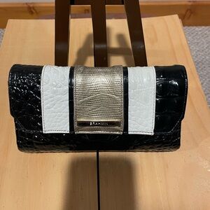 Brahmin Black, White, and Gold Croc-Embossed Clutch